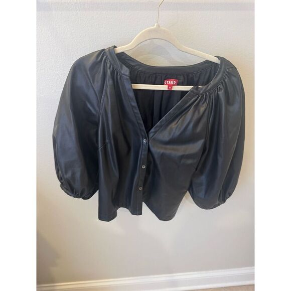 Staud Women's Black Faux Leather Button-Up 3/4 Balloon Sleeve Size M - Picture 2 of 4
